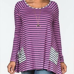 Matilda Jane Women’s size small purple navy striped asymmetric swing tunic top